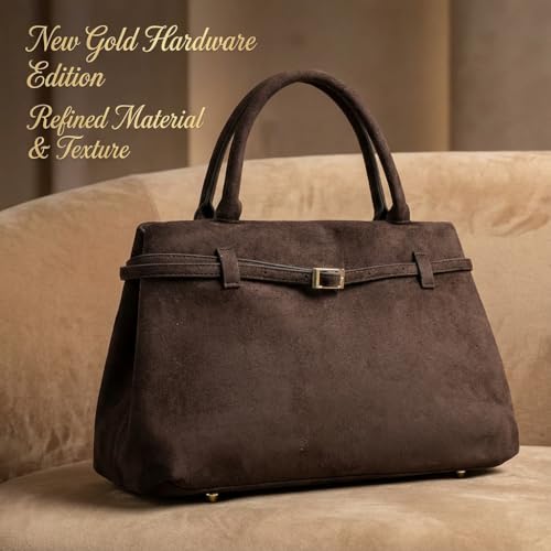 Base’ic Women’s Suede Tote Bag with Gold Hardware – Trendy Slouchy Shoulder Hobo Satchel Handbag Work Purse Travel Gift - color: Dark Brown (Gold Hardware)