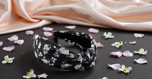Black Bloom Floral Pattern, Colorful Spring Flower Satin Headbands for Women, Silk Feel, Soft Fabric, Knotted Headband Fashion Designer Top Knot - color: Black Bloom x
