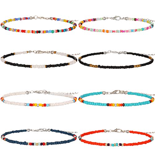 Starain 8-12Pcs Handmade Beaded Anklets for Women Boho Colorful Beads Ankle Bracelets Adjustable Foot Anklet Set