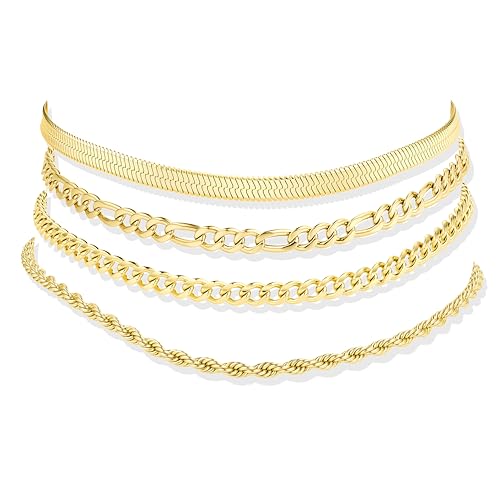 Besteel Ankle Bracelets for Women Waterproof - 14K Gold Plated Non Tarnish Layered Cuban Link Chain Rope Figaro Herringbone Anklets Set Plus Size Anklet Summer Foot Jewelry Gift Adjustable 8-12 Inch - style: 4 Pcs Gold Cuban-10+2 Inch