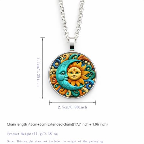 1pc Stunning Round Pendant Necklace - Unique Sun & Moon Pattern, Oil Painting Style Glass Mosaic, Alloy Construction, Trendy Sweater Chain, Fashionable Gift for Women - Christmas or Birthday Gift - color: Orange Sun/Blue Moon (Silver)