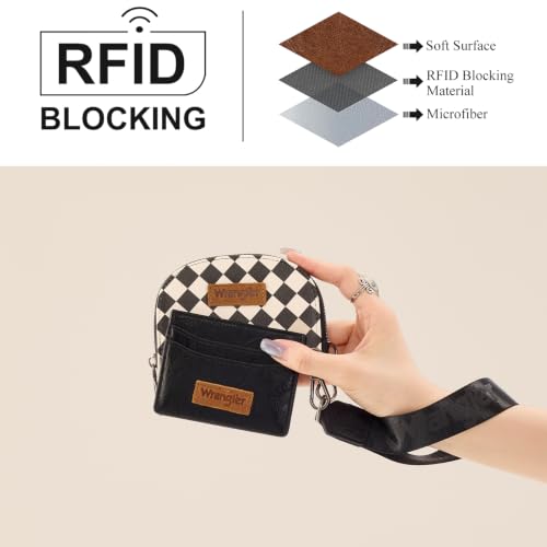Wrangler KeyChain Wallet Checkered Wristlet Wallets for Women Western Dual Pouch Wristlet Credit Card Holder Wallet - color: Checkered Black