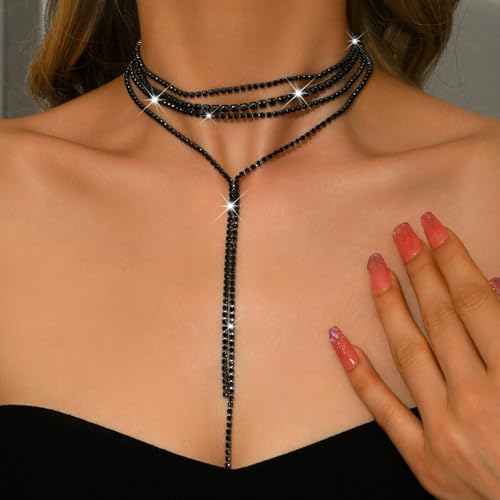 Boho Layered Necklaces for Women Fashion Y Long Neckalce Statement Long Sweater Chain Necklace Black Shiny Choker Necklace Wedding Bridal - color: Style-C