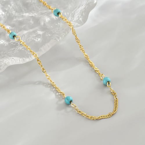 NONAMOIS Gold Chain Necklace for Women Dainty 18K Gold Plated Thin Satellite Beaded Turquoise Necklace Simple Layered Boho Jewelry Christmas Gifts - color: Twisted Turquoise Beads-Gold
