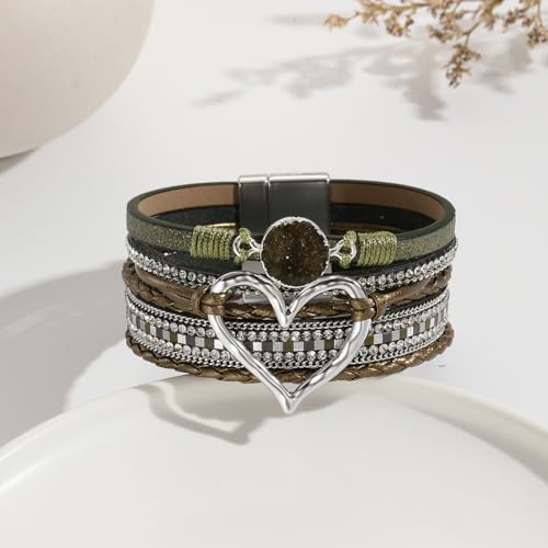 Womens Multi Layer Heart Leather Wrap Bracelet Boho Stackable Cuff Bangle Magnetic Clasp Crystal Birthday Valentine Gift - color: Grass Green