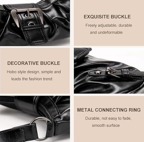 Y2K Trendy Purse for Women, Leather Buckle Punk Hobo Clutch Purses Bags for Ladies Top Handle Shoulder Bag - color: Deep Black