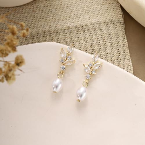 Pearl Earrings for Women Dainty Diamond Pearl Drop Earrings 14k Gold Plated Dangle Earrings for Women Weddings Gifts Bridesmaid Gifts - color: B-gold pearl earrings