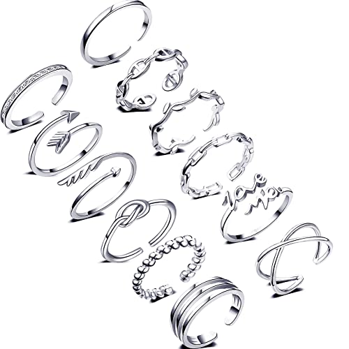 Honsny 12PCS Silver Plated Rings Adjustable Open Rings for Women Cute Gold Plated Stackable Thumb Rings Joint Chain Midi FingerArrow Knot Wave Band Rings Set - color: Silver 12pcs