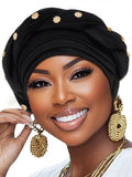 Woeoe Women African Turban Pre-Tied Twisted Beanie Cap Headwear Rhinestone Soft Stretchy Head Turbans - color: Black