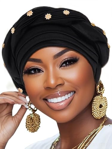 Woeoe Women African Turban Pre-Tied Twisted Beanie Cap Headwear Rhinestone Soft Stretchy Head Turbans - color: Black