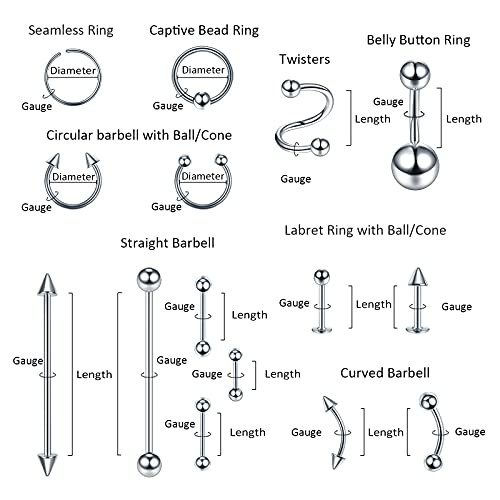 Oveta 150-151PCS Body Piercing Jewelry Lot 14G 16G 20G Stainless Steel Nose Lip Tongue Cartilage Tragus Eyebrow Industrial Barbell Belly Button Rings Piercing Kit Jewelry - style: 150pcs-Mixed Color