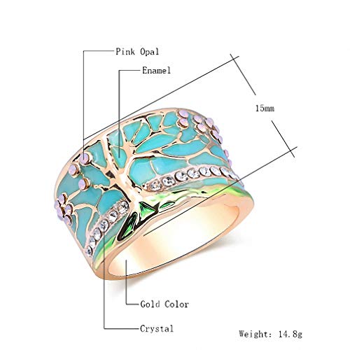 Lucky Flower Tree Rings Gold Pink Opal Green Enamel Wide Ring for Woman Party Crystal Vintage Jewelry