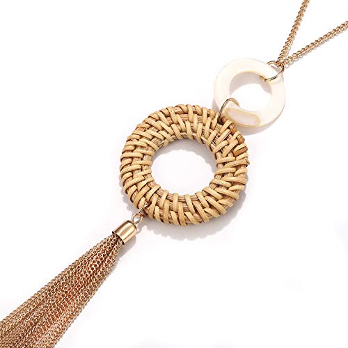 Tassel Pendant Necklace Handmade Straw Wicker Braid Statement Pendant Y-Shaped Long Chain Necklace for Women