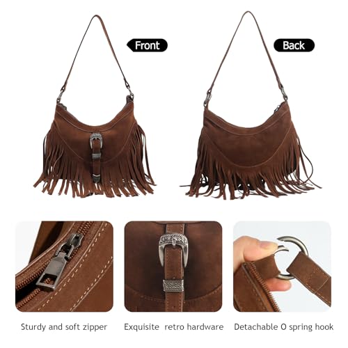 Fringe Hobo Purse for Women,Western Small Fringed Shoulder Bag Vegan Suede Hippie Crossbody Bag with Tassel - color: Coffee