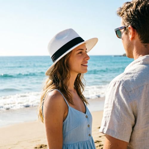 DRESHOW Women Straw Panama Hat Travel Fedora Beach Sun Hat Summer Wide Brim Straw Roll up Hats UPF 50+ - color: Fedora White