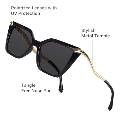 DrRelax Big Square Sunglasses Womens Retro Polarized Sun Glasses with Metal UV 400 Protection - color: Black/ Grey