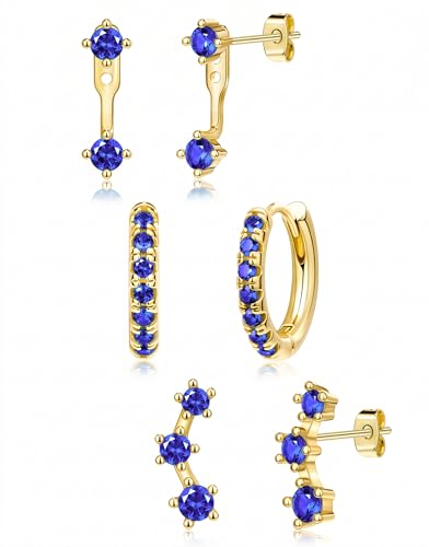 3 Pairs Dainty Small 4th of July Earrings for Women Trendy, Birthstone Stud Huggie Hoop Jacket Stack for Cartilage Helix, Gold Plated Hypoallergenic Cute Women Fashion Accessories Western Jewelry Gifts - color: 09Blue Created Sapphire-Sept (Gold)