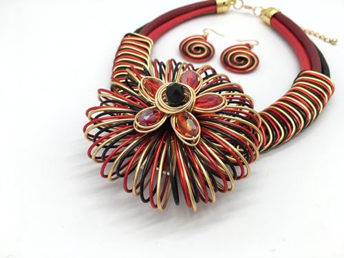 Statement African Necklace For Women African Jewelry Costume Earring Sets Tribal Fashion Colorful Big Rhinestone Crystal Pendent Collar Choker Bold Chunky Bib Handmade - color: Flower red