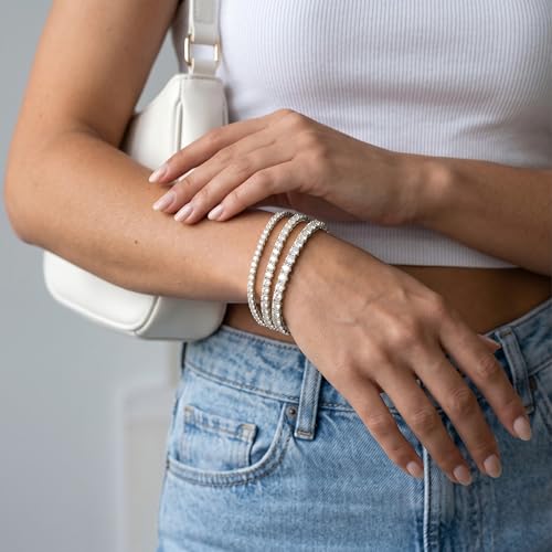925 Sterling Silver Bracelets for Women Stack, Trendy Tennis Bangle Cuff Jewelry Set 14K Gold Plated, Adjustable Bracelet Set for Wrist Essentials, Women Fashion Watch Band Acecessories - style: Bracelet_3pcs(Silver Tennis Set)