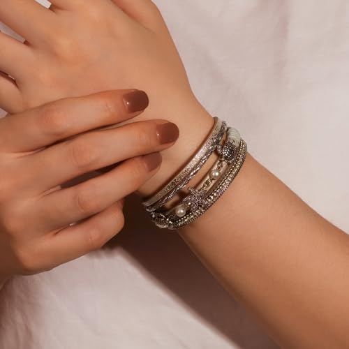 FANCY SHINY Turtle Starfish Leather Wrap Bracelet Boho Rhinestone Pearl Cuff Bracelets for Women Summer Beach Jewelry for Women - color: Silver