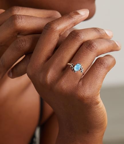 Genuine Turquoise Ring for Women Western Oval Gemstone Jewelry 925 Sterling Silver Leaf Bohemian Boho for Her Wife Mom - color: Larimar