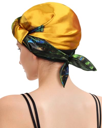 Satin Silk Press Scarf - 2 in 1 Wrap Cap with Built-In Hair Net Scarf, Soft Headband Hair Net Warp Cap for Women, Shower cap - color: Endless Landscape