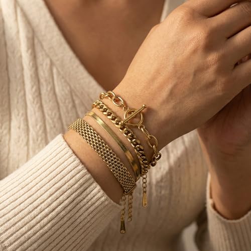 RINHOO Gold Chain Bracelets Set for Women - Trendy Paperclip Snake Link Layered Bracelets 18K Gold Plated Stainless Steel Stackable Wrist Jewelry Aesthetic Preppy Gifts - style: Gold-Style 1