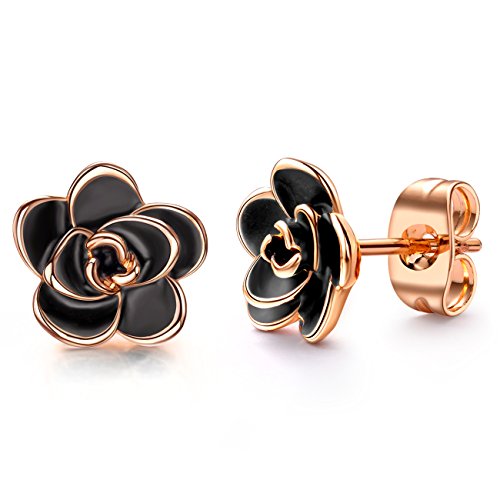 AllenCOCO Rose Flower Stud Earrings for Women Sensitive Ears, Hypoallergenic Cute Gold And Silver Rose Flower Earrings Studs for Women Nickel Free - color: Black flower/Rose gold, size: 0.35