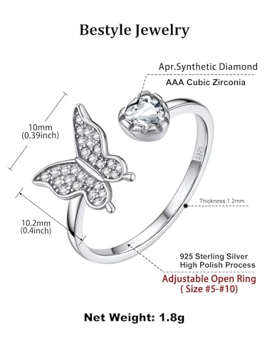 Bestyle 925 Sterling Silver Butterfly Ring Hypoallergnic Adjustable Birthstone Rings for Women Butterfly Jewelry Gifts for Anniversary Mothers' Day Birthday - color: 04.April (Diamond)