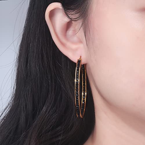 CiNily Mult-colors Crystal Stainless Steel Hoop Earring for Women Hypoallergenic Jewelry for Sensitive Ears Large Big Hoop Earrings 2" - color: Gold+Black