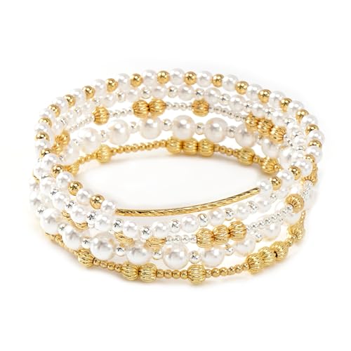 14K Gold Plated Beaded Bracelets Stack Set for Women,Stretch Boho Colorful Beads Ball Jewelry Friendship Summer Trendy - color: Gold silver pearl