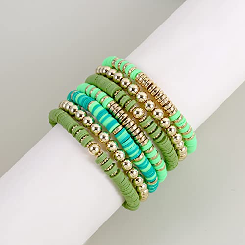Elegance 11 designs Heishi Beaded Bracelets For Women Polymer Clay Colorful Surfer Stackable Beads Boho Bracelet Summer Beach Jewelry - color: Green
