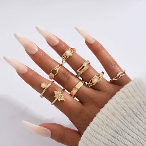 FAXHION 24-60 Pcs Gold Stackable Rings for Women, Knuckle Rings Chunky Gold Ring Set Dainty Stacking Cute Rings, Multiple Sizes Cute Jewelry Set Gift - style: Vintage