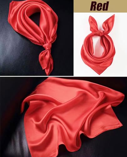Hioyiwse Satin Square Scarf for Women Solid Color Emulation Silk Handkerchief Hair Ribbon Headband Handbag Purse - color: D1-big Red(23.6*23.6inch)