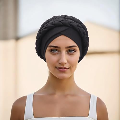 African Women Turban Caps Beanie Pre-Tied Twisted Braids Headwraps for Women Head Scarf Chemo Cancer Headwear Cap - color: 3 Pack Twisted Braid: White/Brown/Black