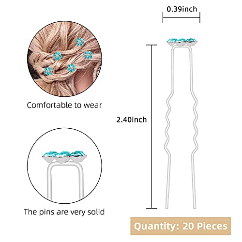 QIUTIMIY 20 Pack (Blue) Crystal Flower Hair Pins Rhinestone Hair Clips for Bridal Wedding Women Hair Jewelry Accessories, with Clear Container - color: Crystal Flower-Blue