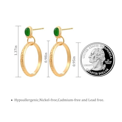 Natural Turquoise Gemstone Birthstone Stud Earrings with Circle Dangle Hoop Earrings Boho style for Vintage Western Jewelry - color: Gold and Green