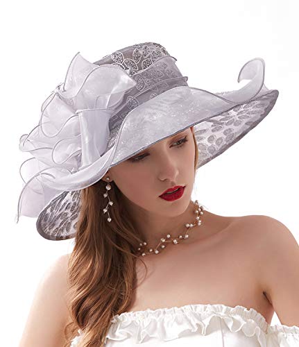 ORIDOOR Women’s Organza Church Tea Party Wedding Fascinator Derby Hat Wide Brim Sun Hats - color: A-grey