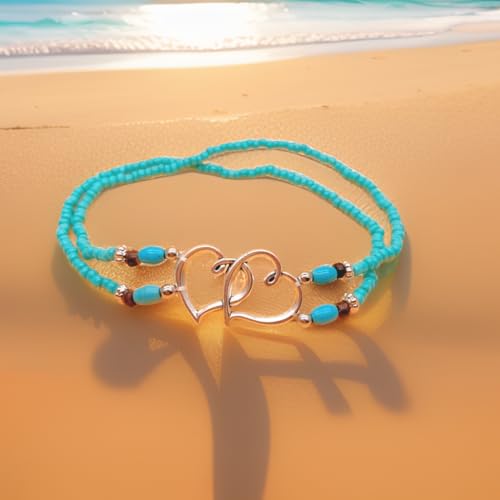 Ankle Bracelets for Women Waterproof Elastic Heart Anklet Stretchy Ankle Bracelets Colorful Beaded Anklets Boho Ankle Bracelets Silver Beach Anklet Jewelry Accessories for Summer - color: Silver Blue Anklets