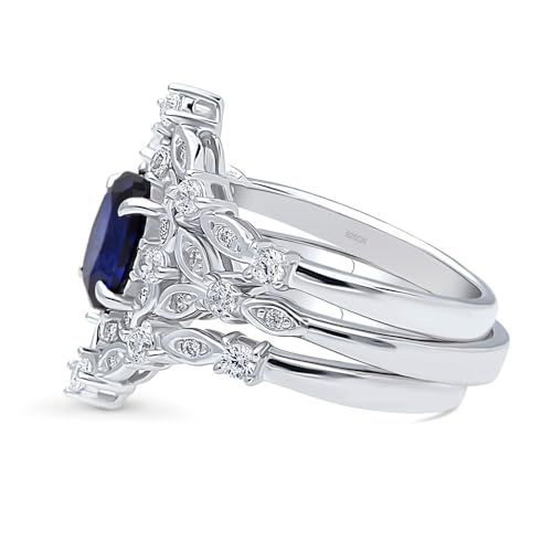 BERRICLE Sterling Silver CZ Halo Wedding Engagement Rings for Women, Oval Cut Cubic Zirconia, 1-3 Piece Sets, Pink/Blue/Clear - style: 3 Piece Set, Sapphire