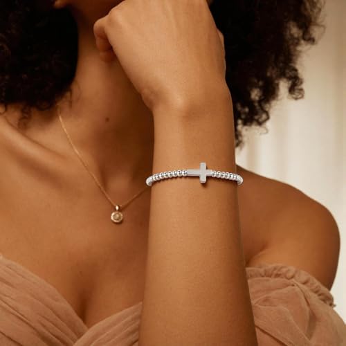 Elastic Beaded Charm Bracelets for Women - Adjustable Stackable Dainty Bracelet with Gold or Silver Charms, Jewelry Gift for Her - style: Sliver-Cross