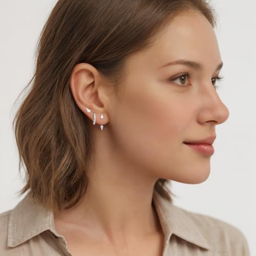 GEORGE · SMITH Stackable Kite Stud Earrings Set for Women, Gold & Silver Huggie Birthstone Jewelry with Emerald Green & Blue Sapphire, Trendy Earrings for Women 2025 - color: silver kite stud
