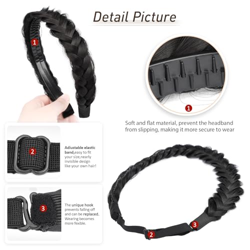2PCs Braided Headband with teeth Handmade Messy Wide Synthetic Hair Elastic Stretch Fluffy Hairpiece for Brides (Deep Brown) - color: Deep Brown