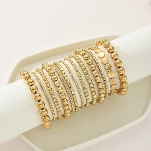 ÌF ME 16 PCS Gold Bead Bracelet for Women, Gold Beaded Stretch Plated Stackable Strand Bead Ball Bracelets stack Adjustable Jewelry Set for Gifts - color: 13 PCS Gold