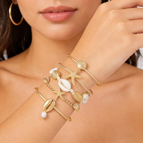 Shell Bracelet Seashell Boho Beaded Stretch Bracelets for Women Summer Beach Bracelets Starfish Charm Bracelet Stackable Gold Plated Bracelets Set for Women - color: h-gold