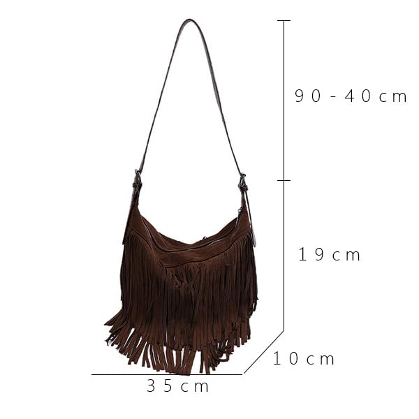 Fringe Genuine Suede Leather Hobo Bag Adjustable Crossbody Shoulder Bag Boho Retro Tassel Handbag Gift Box - color: Coffee