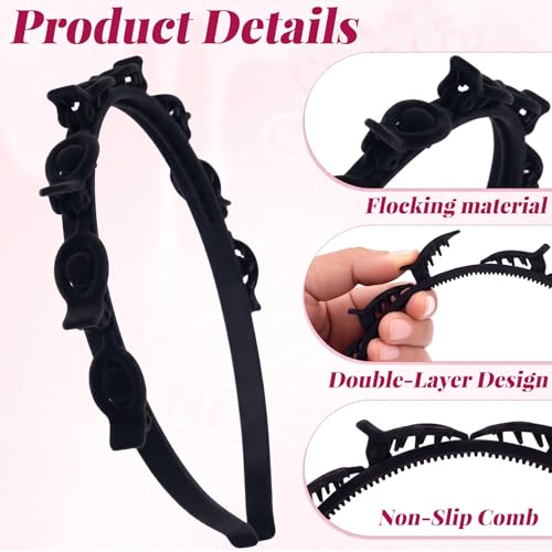 2 Pcs Headband with Clips, 90s Butterfly Hair Clips Headband with Teeth for Women, Braided Weave Bangs Non-Slip Clip Headbands Hair Accessories for Styling Decoration- Flocked Black - color: 2pcs,Black(Flocked)