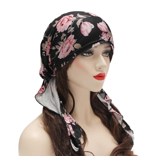 ZLYC Chemo Headwear Pre Tied Head Scarf Headwraps Lightweight Turban Beanie Cap for Women - color: Carnation Black