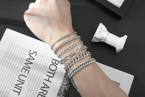 XIANNVXI 6pcs Bracelets for Men Gifts for Him Stainless Steel Bracelet Silver/Gold/Black Cuban Link Rope Paperclip Chain Bracelets Set 6.5/7/7.5/8.3/9 Inches Metal Bracelet Mens Fashion Accessories Jewelry Gifts Set - color: Silver, size: 6.5 in-Women X-S