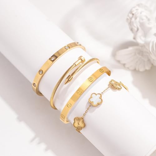 Womens Stackable Floral Gold Bracelets - 4Pcs 18K Gold Plated Bracelet,Stainless Steel Bangle Bracelets Non Tarnish, Gold Bracelet Set Trendy Jewelry,Christmas Valentines Birthday Gifts for Girlfriend - color: Bracelets Stack 4Sets (Floral White+Gold Brac